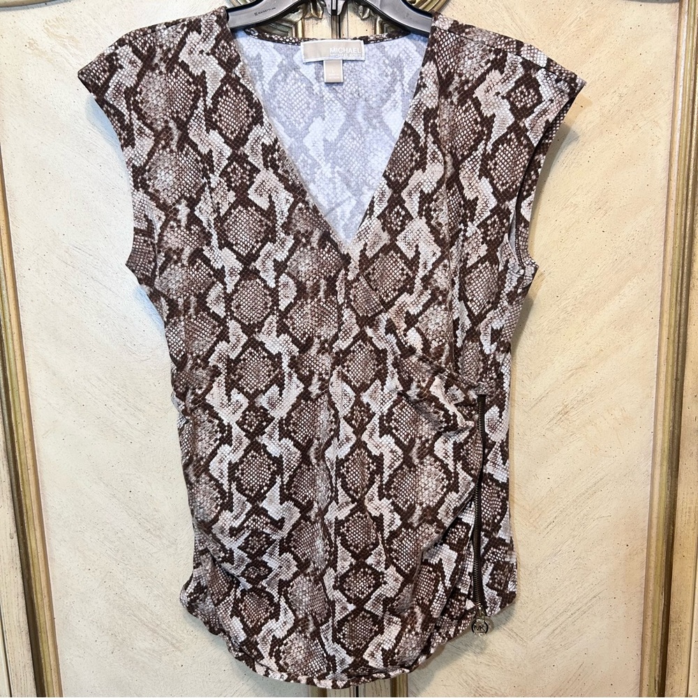 Michael Kors Gold Side Zippers Brown Tan Snake Ruched Cross Front Shirt